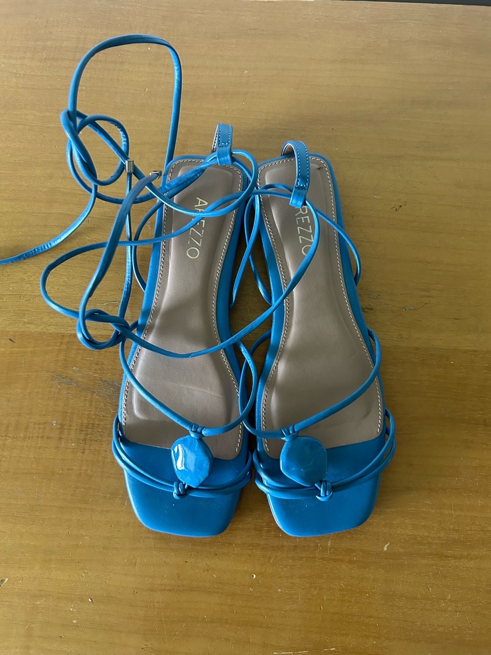 New Arezzo Blue Ankle Strap Flat Sandals Square Toe Stone Detail Boho Resort 7.5
